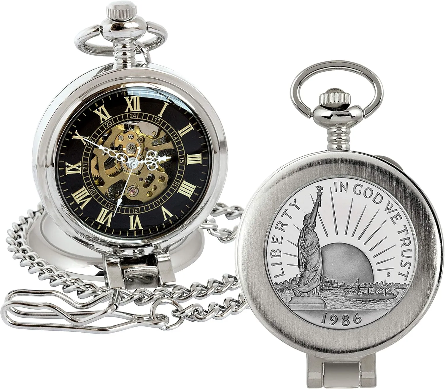 Second Hand, Magnifying Glass | Certificate of Authenticity American Coin Treasures U.S. Coin Pocket Watch tour license conestoga with Skeleton Movement | Statue of Liberty Commemorative Half Dollar | Sweeping 