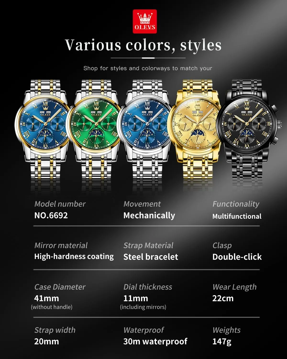 Self Winding Mechanical Luxury Dress Stainless Steel tremendous Waterproof Wrist Watches for Men OLEVS Mens Automatic Watches 