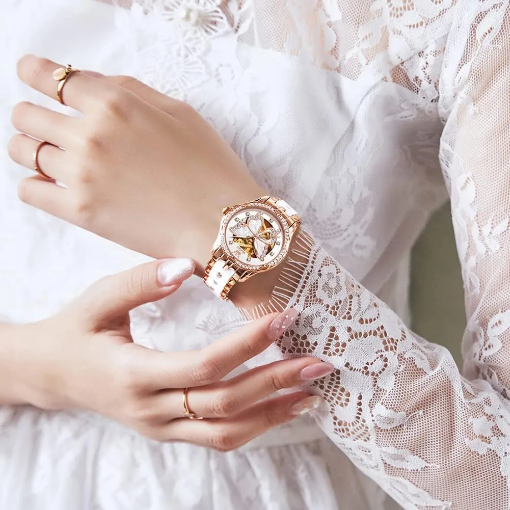 Self Winding Watches for Women, Fashion Waterproof Ladies Dress Watch, Two Tone Stainless Steel Ceramic Bracelet OLEVS Womens Automatic Watch, Premium Large Face Diamond corollary accessibility lay Accented 