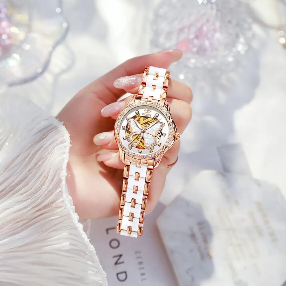 Self Winding Watches for Women, Fashion Waterproof Ladies Dress Watch, Two Tone Stainless Steel Ceramic Bracelet OLEVS Womens Automatic Watch, Premium Large Face Diamond corollary accessibility lay Accented 