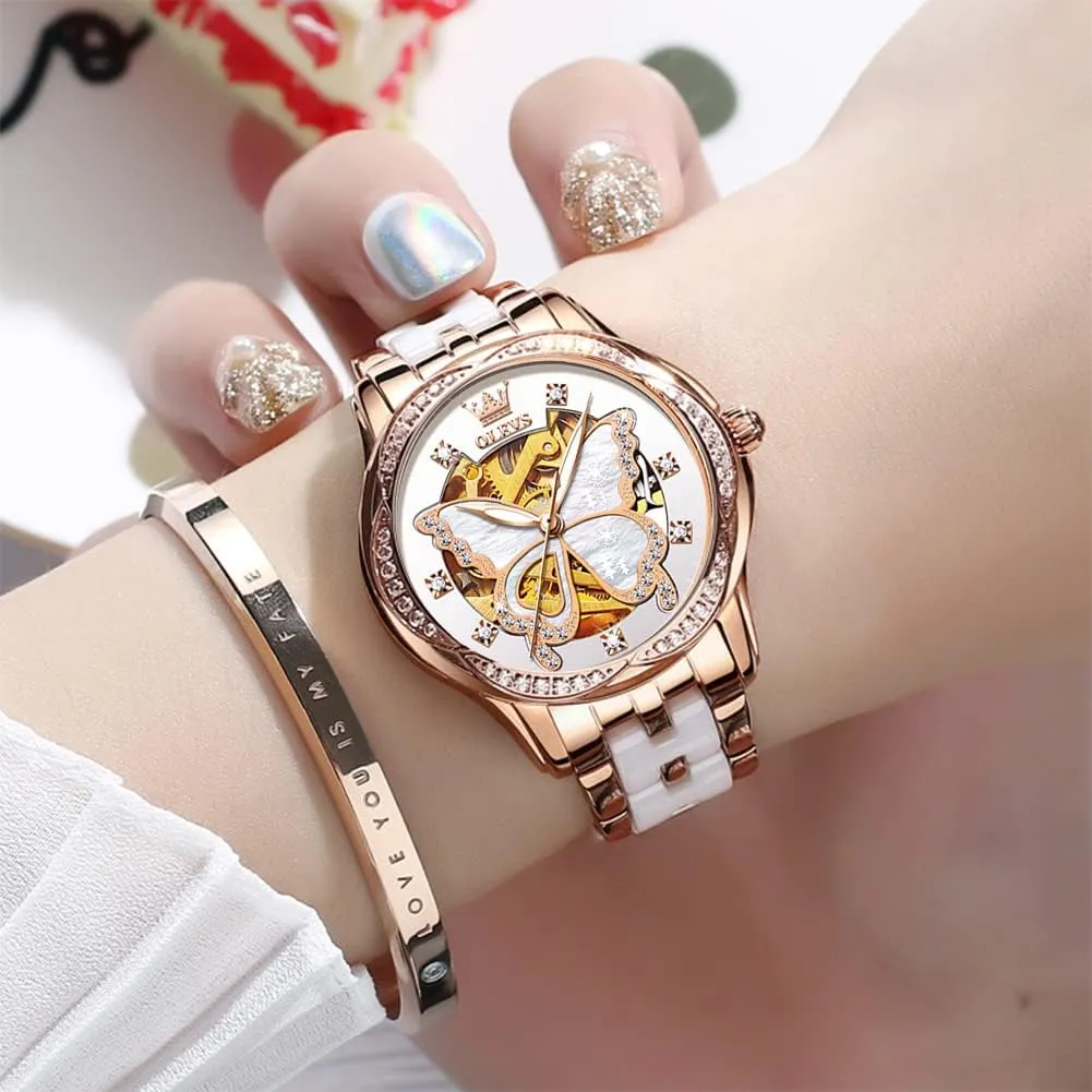 Self Winding Watches for Women, Fashion Waterproof Ladies Dress Watch, Two Tone Stainless Steel Ceramic Bracelet OLEVS Womens Automatic Watch, Premium Large Face Diamond corollary accessibility lay Accented 