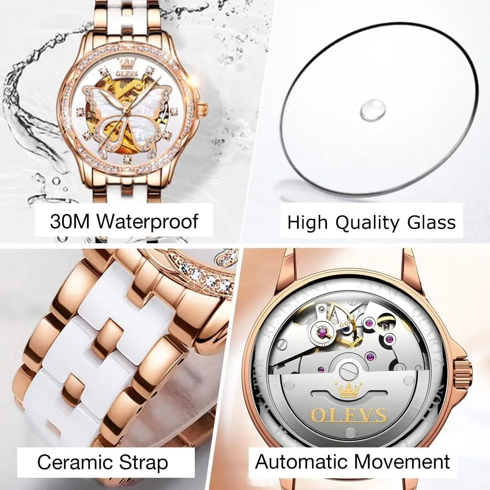 Self Winding Watches for Women, Fashion Waterproof Ladies Dress Watch, Two Tone Stainless Steel Ceramic Bracelet OLEVS Womens Automatic Watch, Premium Large Face Diamond corollary accessibility lay Accented 