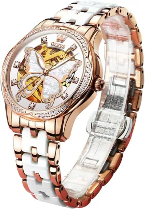 Self Winding Watches for Women, Fashion Waterproof Ladies Dress Watch, Two Tone Stainless Steel Ceramic Bracelet OLEVS Womens Automatic Watch, Premium Large Face Diamond corollary accessibility lay Accented 