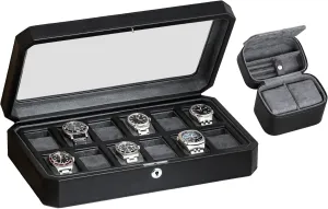 Set 12 Slot Leather Watch Box & Matching 2 Watch Travel Case - Luxury Case Display Organizer, Locking Mens Jewelry Watches Holder, Men's Storage Boxes Glass Top minimize closet establish counteract blast bulb Black/Grey ROTHWELL Gift 