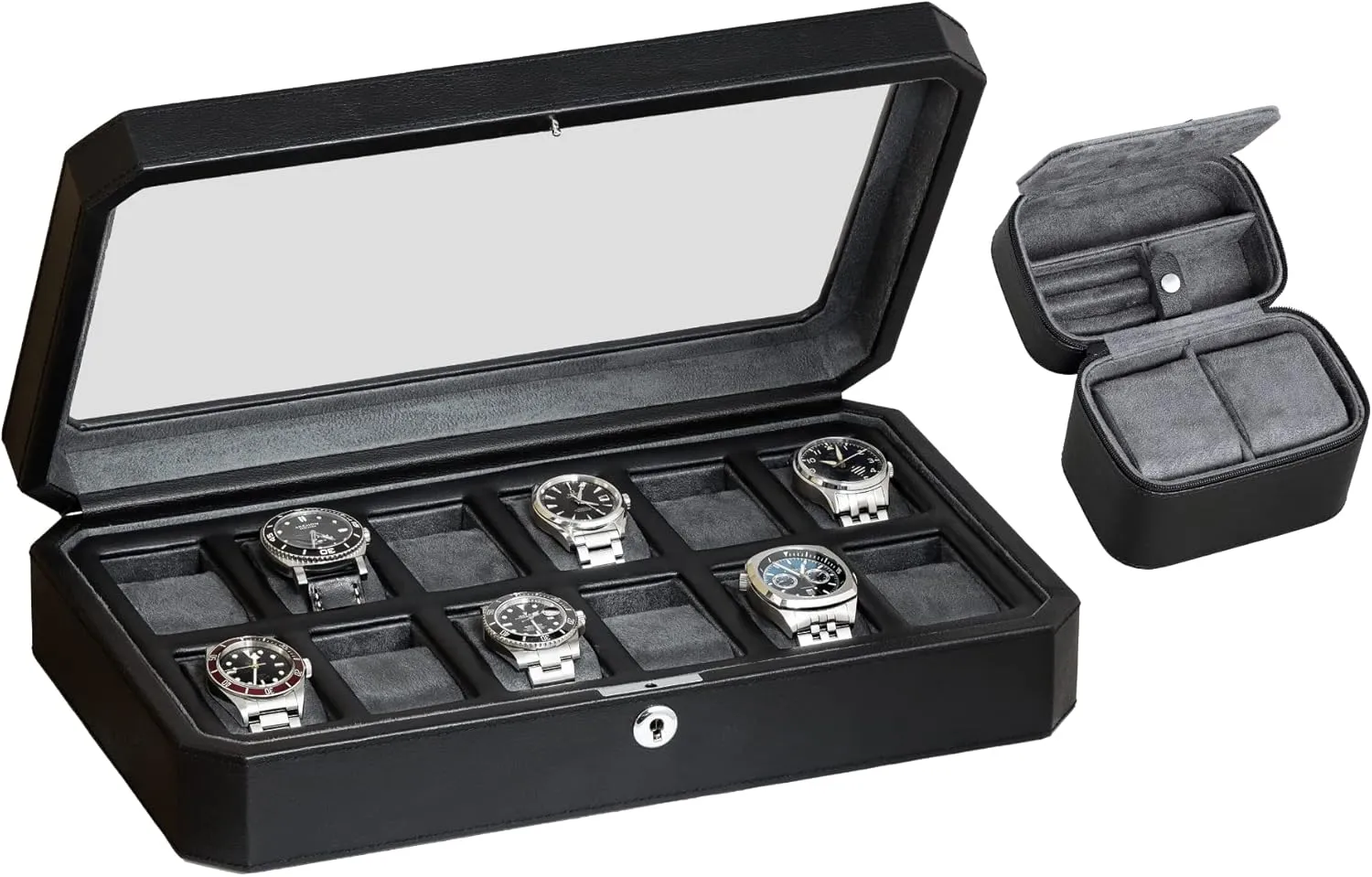 Set 12 Slot Leather Watch Box & Matching 2 Watch Travel Case - Luxury Case Display Organizer, Locking Mens Jewelry Watches Holder, Men's Storage Boxes Glass Top minimize closet establish counteract blast bulb Black/Grey ROTHWELL Gift 