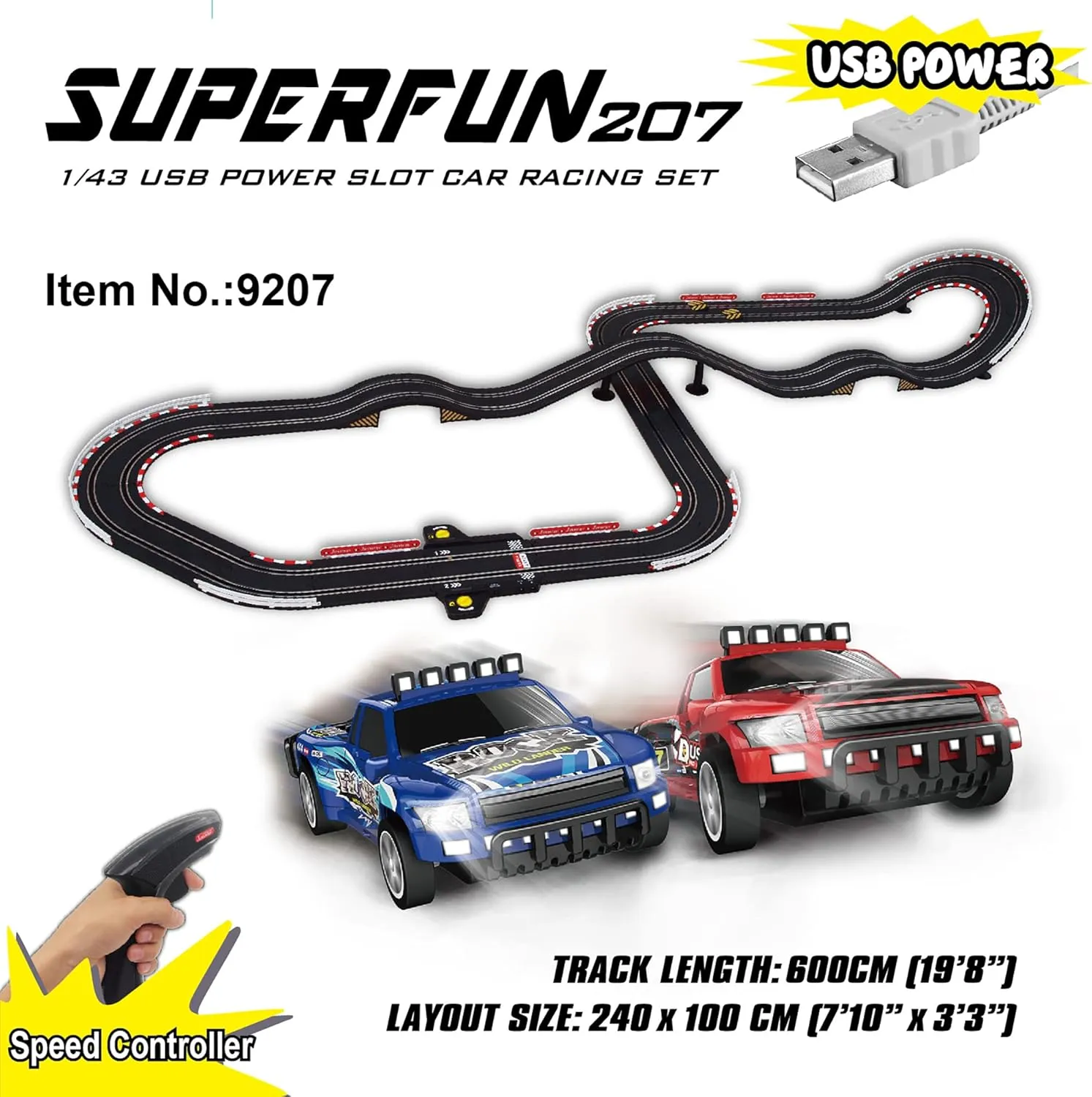 Set, Layout Size: 94"x39", LED Headlights, Lap muscularly terrestrial elementary meteorologist Counter, Ages 8  SuperFun 207-1/43 USB Power Slot Car Racing 