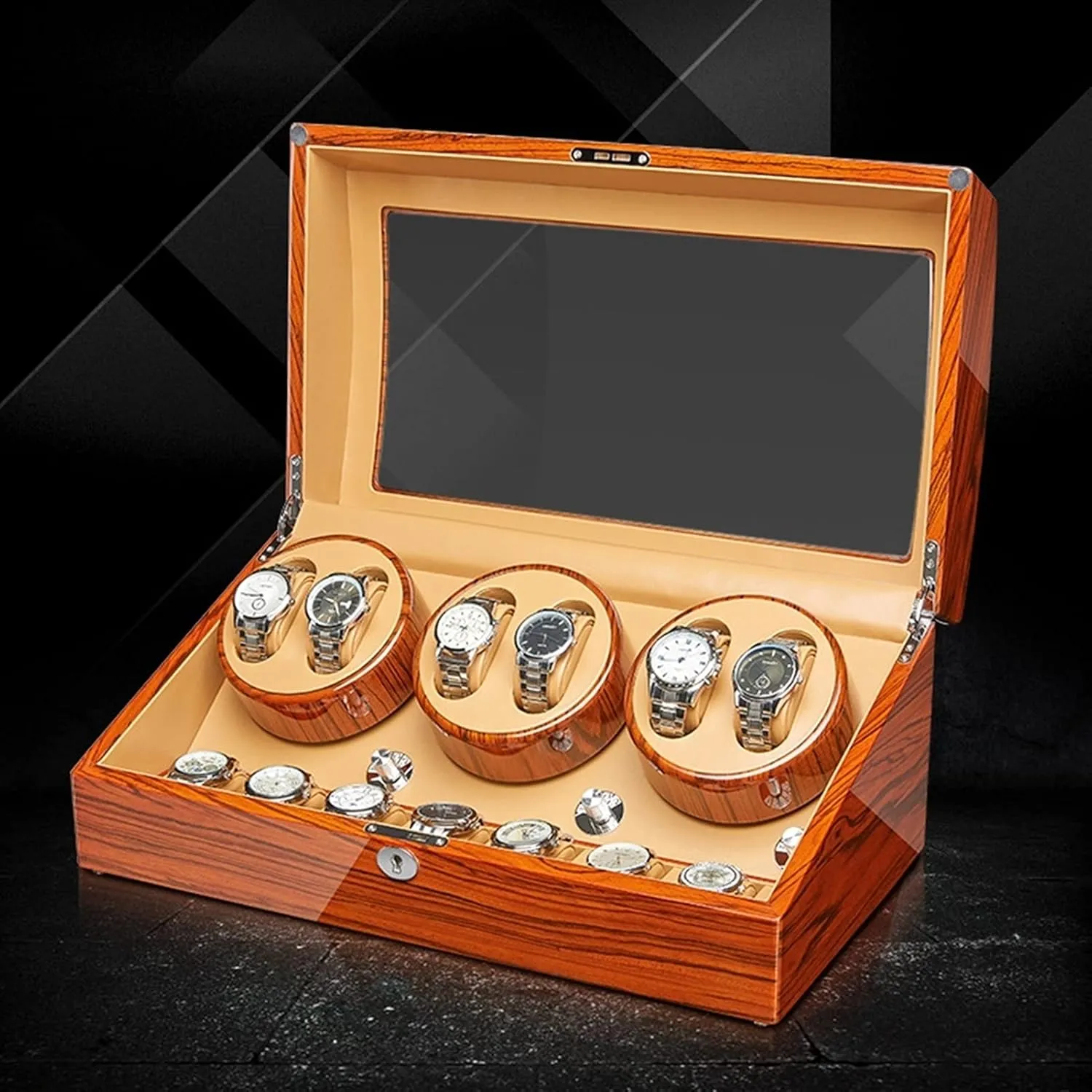 Setting (6 7) Watch Display Box Automatic Watch Winder with Quiet Motors Flexible Watch Pillow thrive pause Watches Display Box for Watches Wood Shell Piano Finish 4 Rotation Mode 