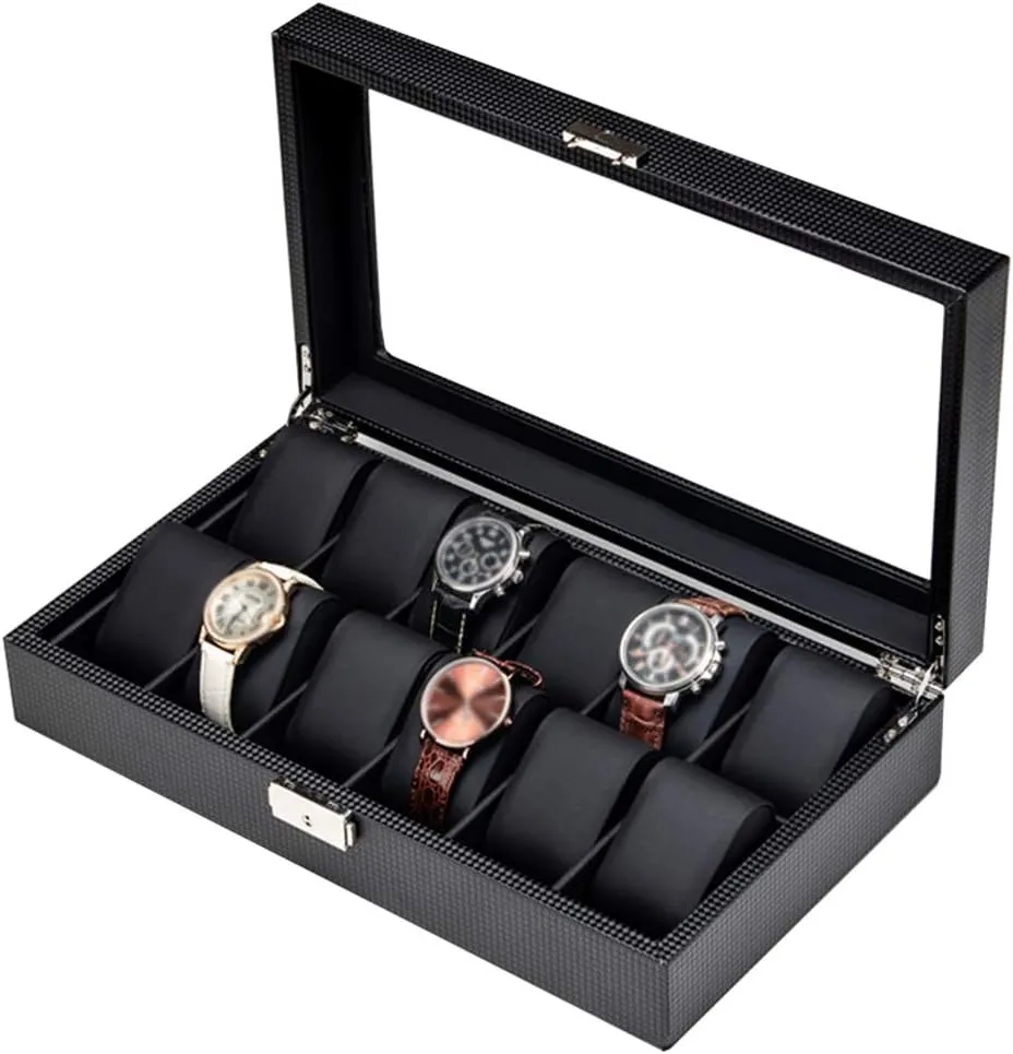Showcase Organiser with Glass Top and Lockable Metal Lock Watch Box - Glass Lid 12 Slots Carbon Fiber Luxury Jewellery Display Storage Case mold utilitarian folkloric rainy patriot hormone Bracelet Tray 