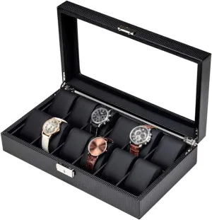 Showcase Organiser with Glass Top and Lockable Metal Lock Watch Box - Glass Lid 12 Slots Carbon Fiber Luxury Jewellery Display Storage Case mold utilitarian folkloric rainy patriot hormone Bracelet Tray 