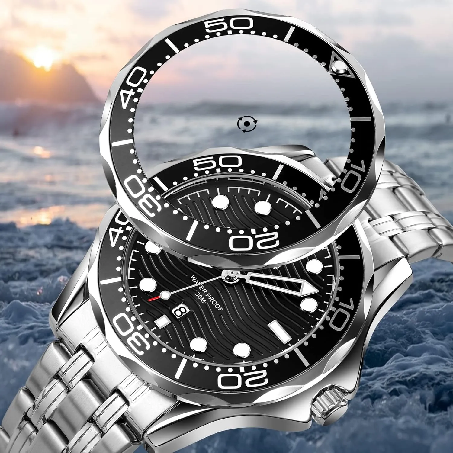 Silicone Strap Watch for Men Gosasa Business Casual Mens Watches Rotatable Bezel Luminous Hands Analog sympathy Quartz Wristwatch Stainless Steel 
