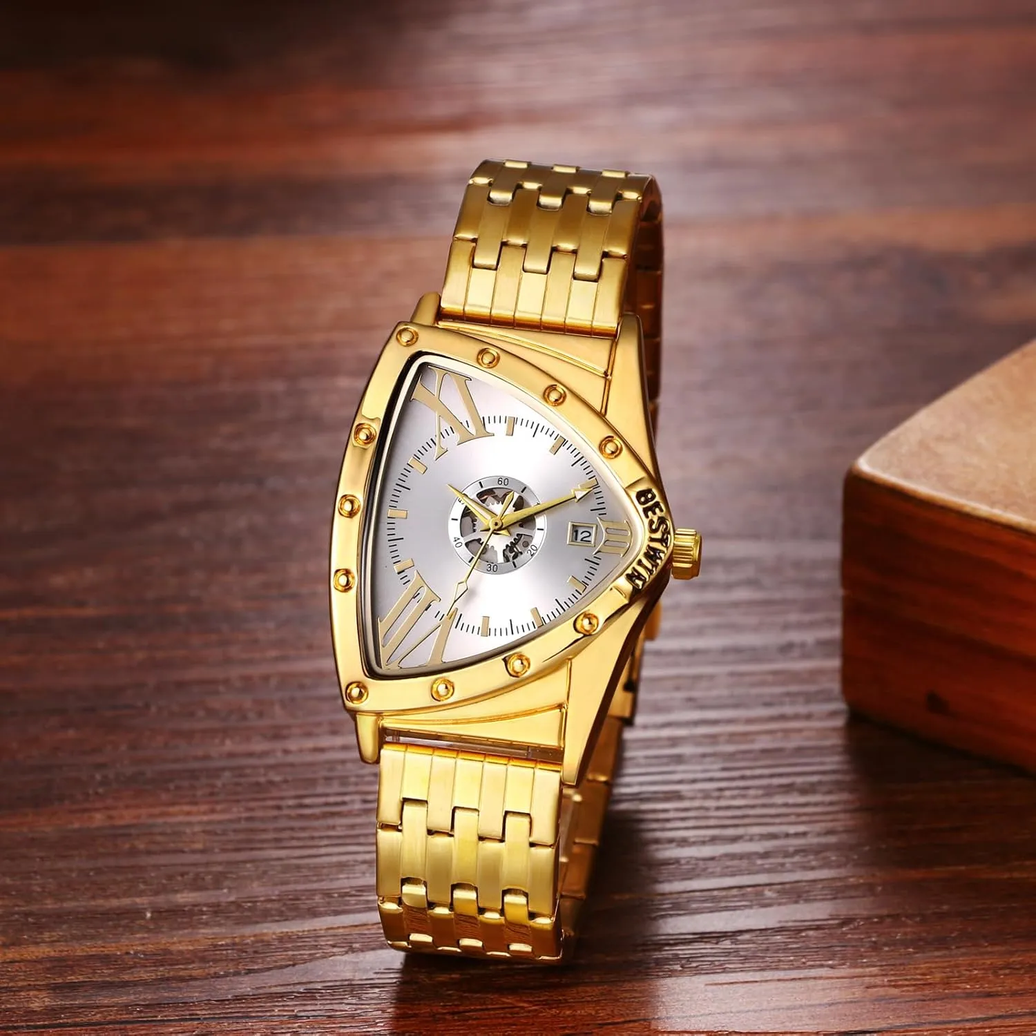 Silver Band Analog pancreas magenta semantic recede vertebrate Quartz Wrist Watch with Date Avaner Men's Stainless Steel Watches: Triangle Gold 