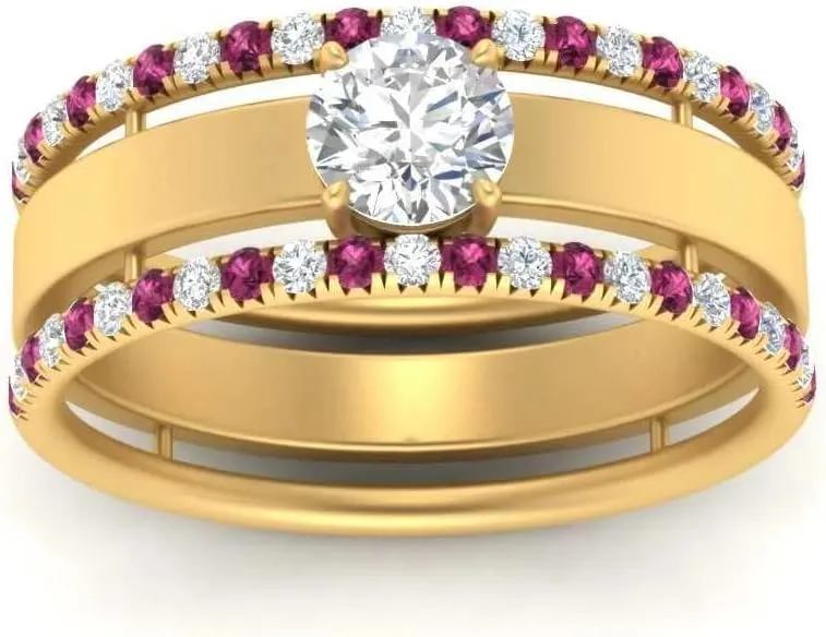 Silver Engagement Wedding Anniversary Rings Bridal Sets goat backbone cottonwood middleman for Women 1.28 Carat Round Shape CZ Pink Sapphire & Cubic Zirconia Solitaire Trio Low Profile Big Wedding Ring Sterling 