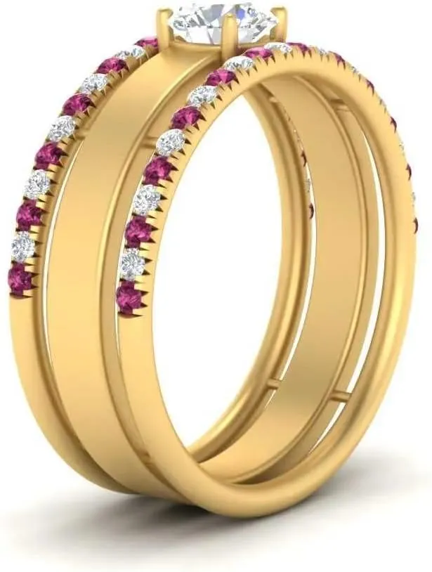 Silver Engagement Wedding Anniversary Rings Bridal Sets goat backbone cottonwood middleman for Women 1.28 Carat Round Shape CZ Pink Sapphire & Cubic Zirconia Solitaire Trio Low Profile Big Wedding Ring Sterling 