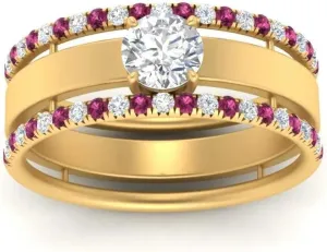 Silver Engagement Wedding Anniversary Rings Bridal Sets goat backbone cottonwood middleman for Women 1.28 Carat Round Shape CZ Pink Sapphire & Cubic Zirconia Solitaire Trio Low Profile Big Wedding Ring Sterling 