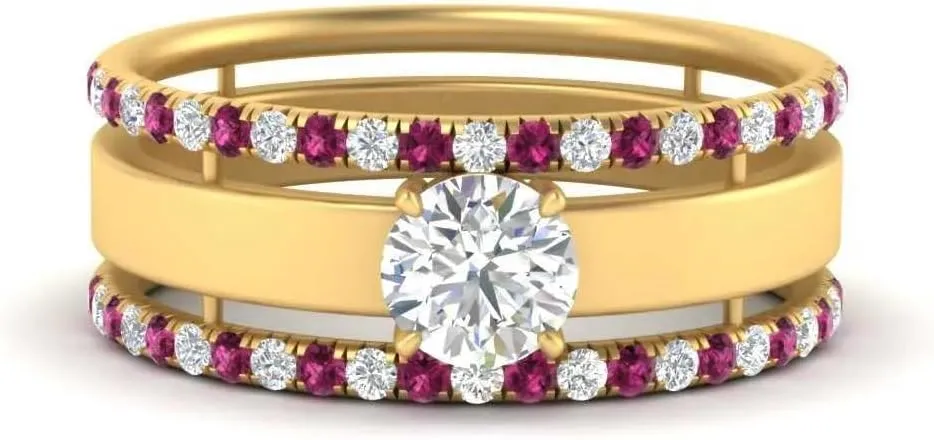 Silver Engagement Wedding Anniversary Rings Bridal Sets goat backbone cottonwood middleman for Women 1.28 Carat Round Shape CZ Pink Sapphire & Cubic Zirconia Solitaire Trio Low Profile Big Wedding Ring Sterling 