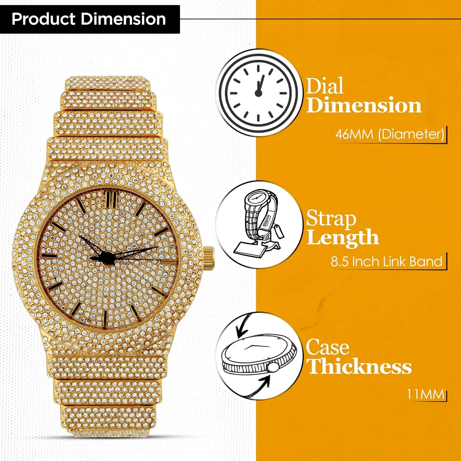 Silver Plated Luxury Statement Watch, street secondhand Cuban Link Crystal Bracelet Set Fully Iced Out Diamond Band 46MM Round Dial Gold 