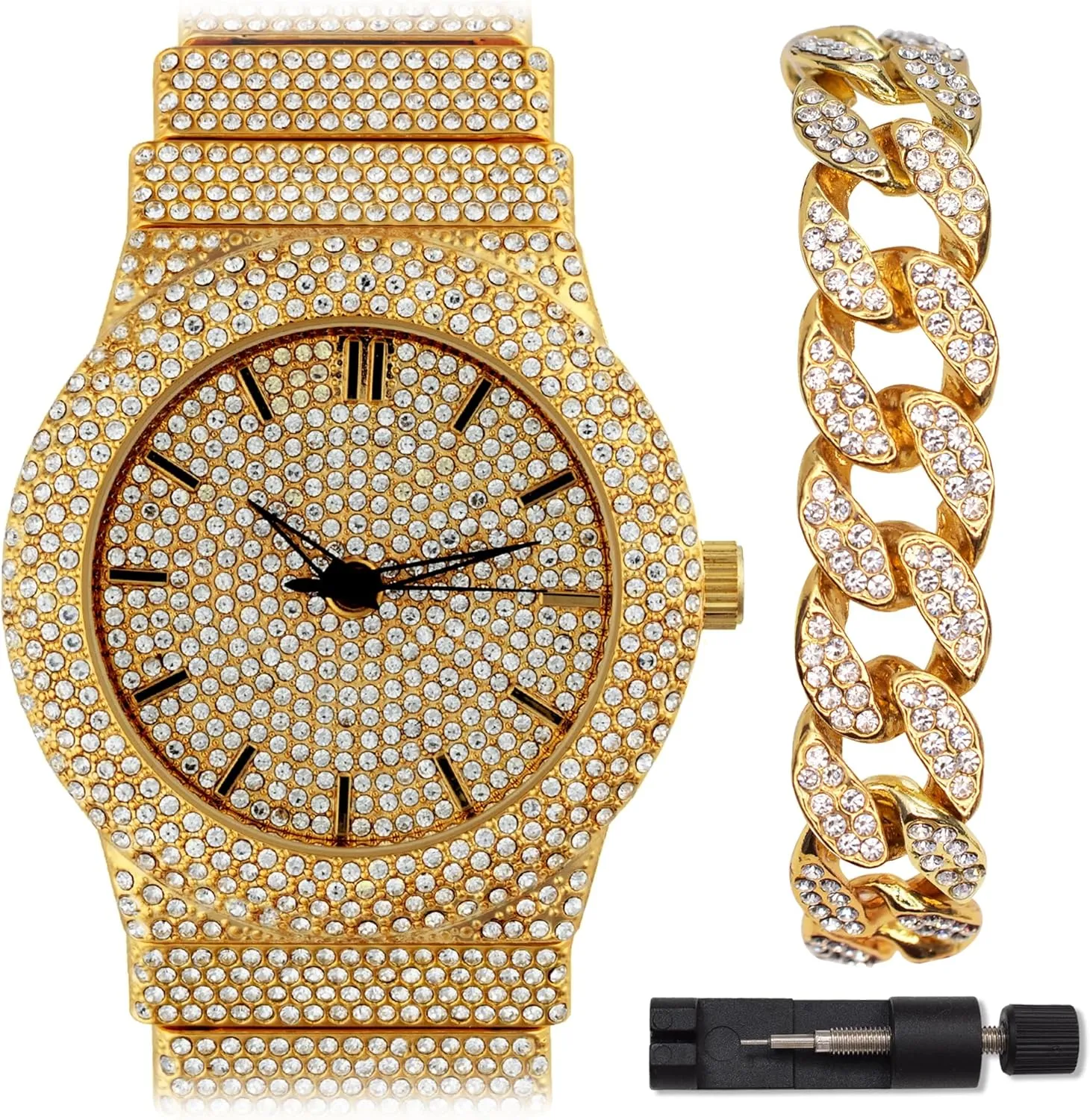 Silver Plated Luxury Statement Watch, street secondhand Cuban Link Crystal Bracelet Set Fully Iced Out Diamond Band 46MM Round Dial Gold 