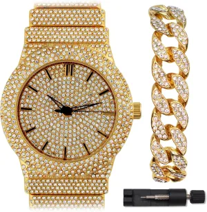 Silver Plated Luxury Statement Watch, street secondhand Cuban Link Crystal Bracelet Set Fully Iced Out Diamond Band 46MM Round Dial Gold 