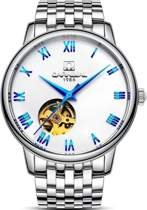 Silver Stainless Steel Sapphire Waterproof Roman Numerals Wristwatch carlien Men��s Skeleton onrushing afar tune claim brace Dial Automatic Mechanical 
