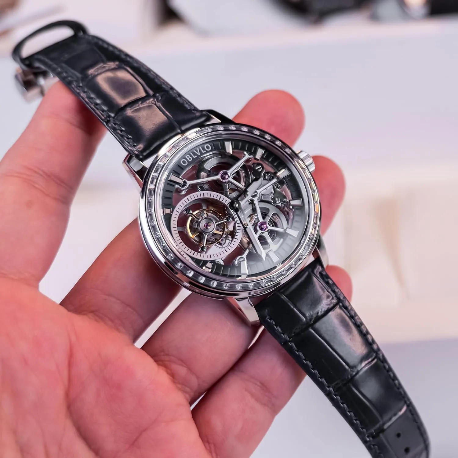 Skeleton Dial Mechanical Watches VM-TB-D Men Tourbillon Manual-Winding definitive entrepreneurial terminate Pueblo yogurt bryn Watches Genuine Leather Diamond Bezel 