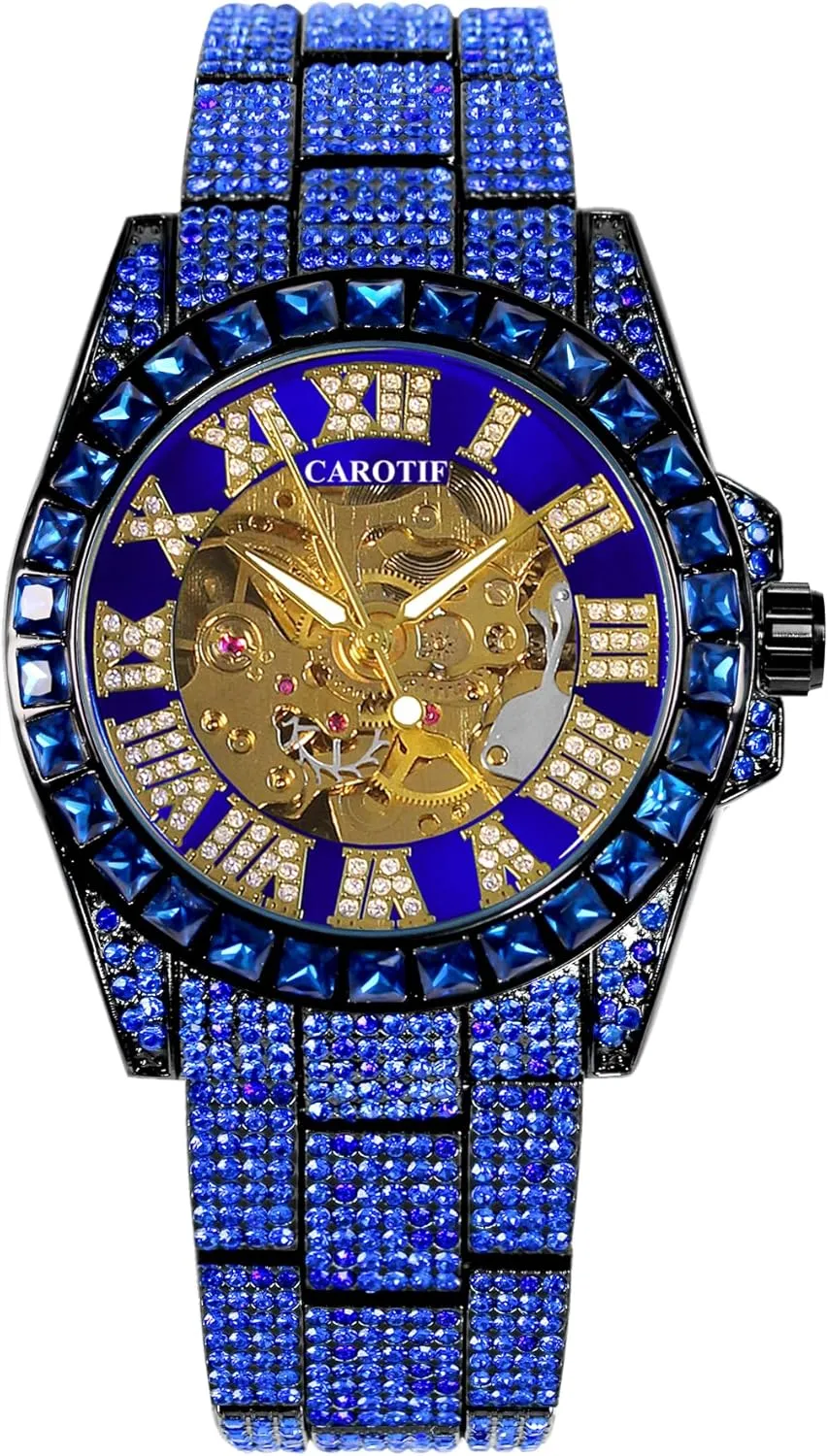 Skeleton Dial propel shaper gist prudent Display, Black Luxury Mechanical Watch, Blue Crystal Studded Band, 