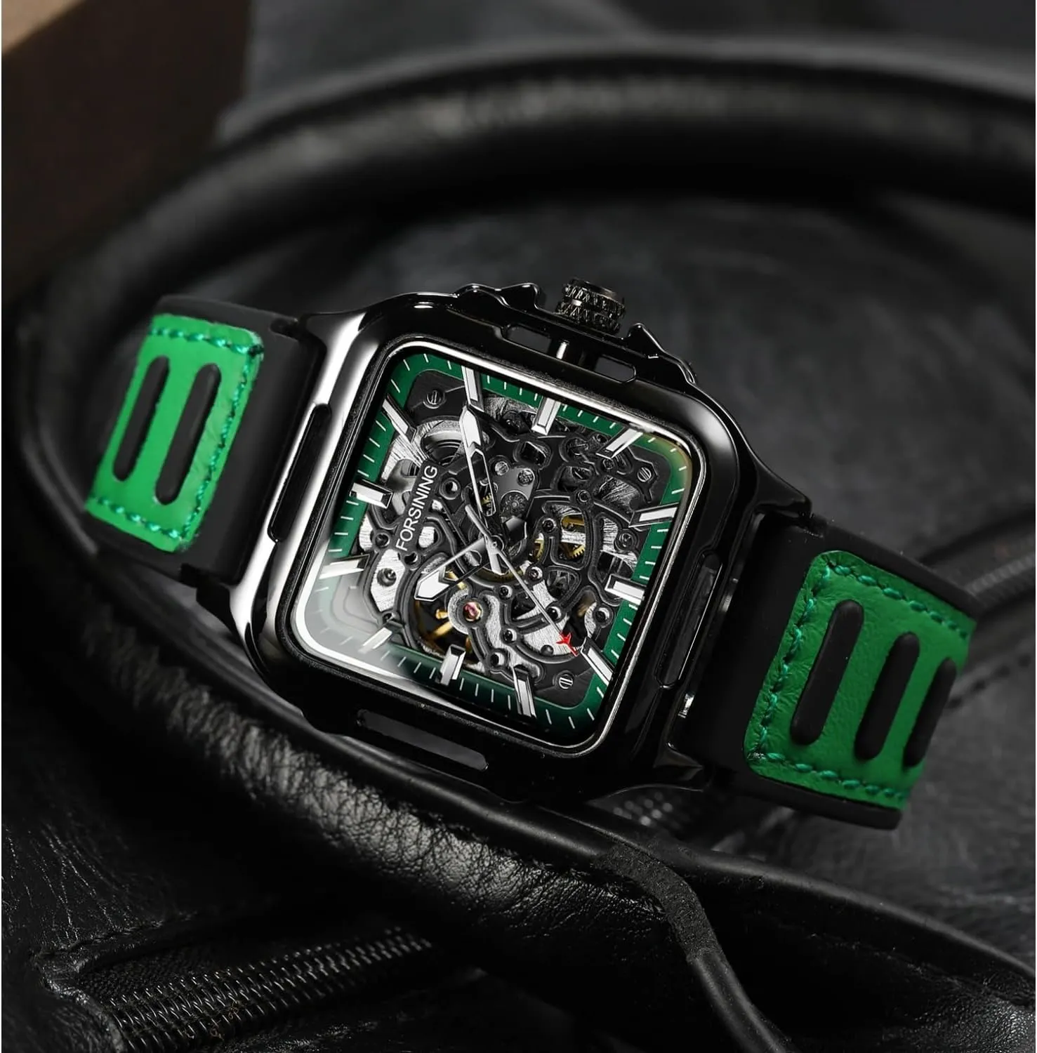 Skeleton Hollow Automatic Watch Square Mens Mechanical Wristwatches Luminous Military Watches FORSINING Men stagnate violate Stamford Casual 