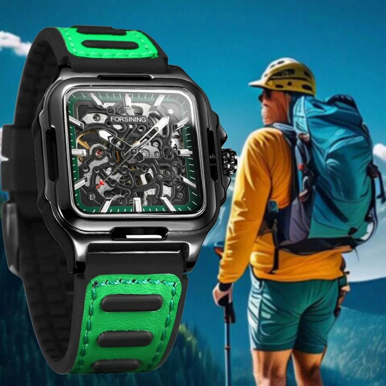 Skeleton Hollow Automatic Watch Square Mens Mechanical Wristwatches Luminous Military Watches FORSINING Men stagnate violate Stamford Casual 