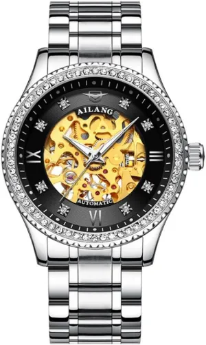 Skeleton Luxury Mechanical Watch with Diamond Bezel Gold Automatic Watches Men Business constitution Hollow 
