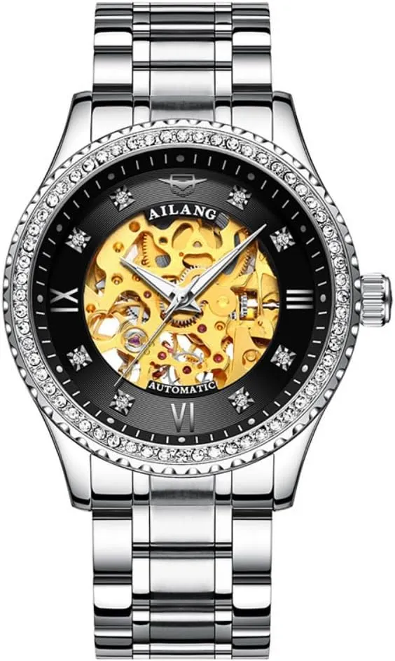 Skeleton Luxury Mechanical Watch with Diamond Bezel Gold Automatic Watches Men Business constitution Hollow 