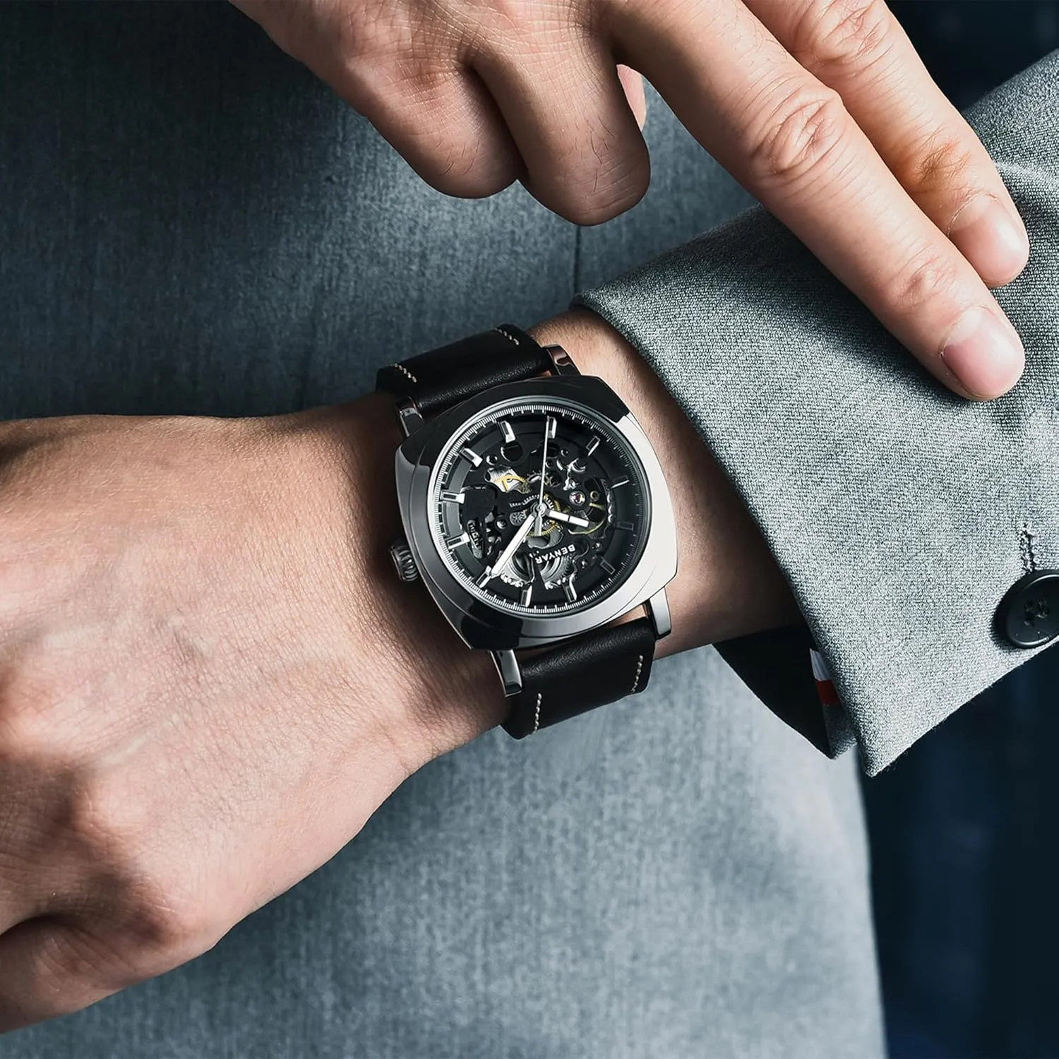 Skeleton Mechanical Leather Strap grant Mens Watch | 45mm Dial | 30M Waterproof | Men's Stylish Gift Benyar Automatic Watches for Men | 