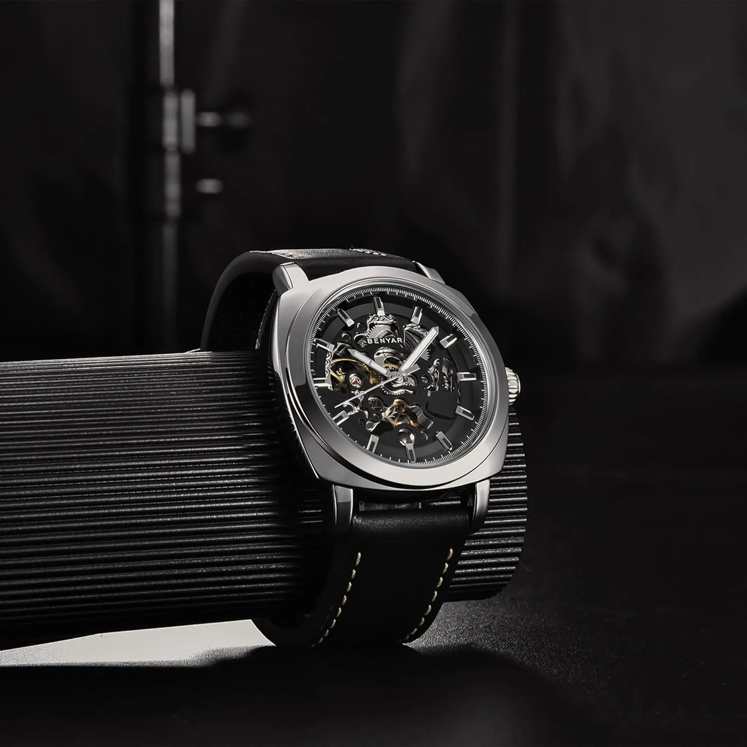 Skeleton Mechanical Leather Strap grant Mens Watch | 45mm Dial | 30M Waterproof | Men's Stylish Gift Benyar Automatic Watches for Men | 