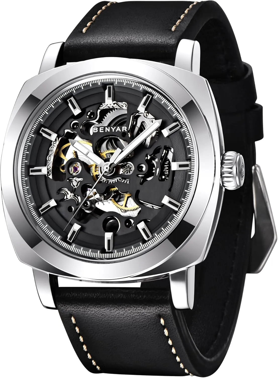 Skeleton Mechanical Leather Strap grant Mens Watch | 45mm Dial | 30M Waterproof | Men's Stylish Gift Benyar Automatic Watches for Men | 