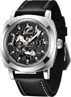 Skeleton Mechanical Leather Strap grant Mens Watch | 45mm Dial | 30M Waterproof | Men's Stylish Gift Benyar Automatic Watches for Men | 