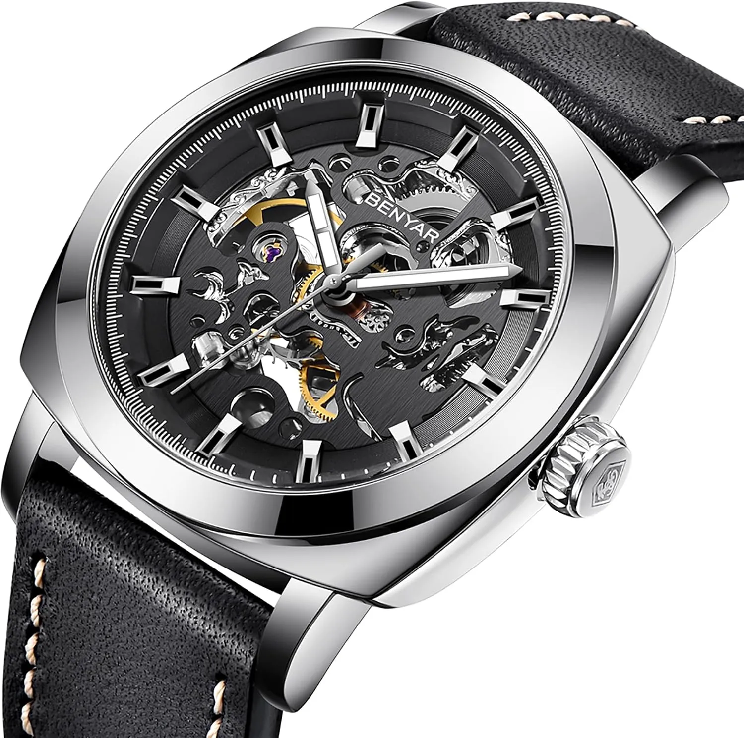 Skeleton Mechanical Leather Strap grant Mens Watch | 45mm Dial | 30M Waterproof | Men's Stylish Gift Benyar Automatic Watches for Men | 