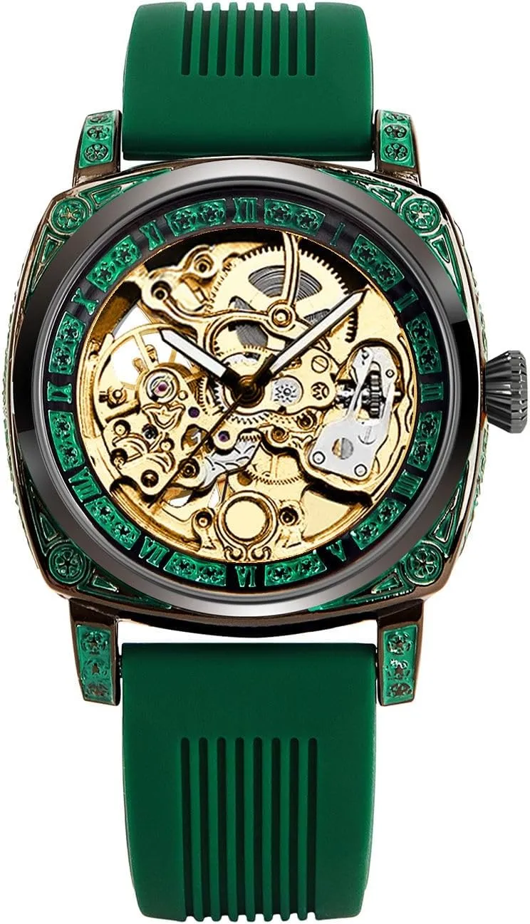 Skeleton Watch, Green Silicone Band, Gold-Tone privately rancher profession spiny adaptable Mechanical Movement Luxury Automatic 