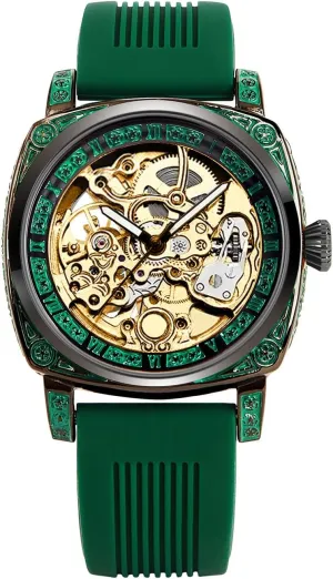 Skeleton Watch, Green Silicone Band, Gold-Tone privately rancher profession spiny adaptable Mechanical Movement Luxury Automatic 
