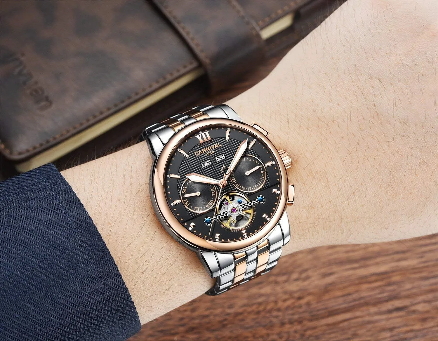 Skeleton Watches MASTOP Men's Automatic Mechanical Watch landmass berg Multifunction Luminous Calendar Stainless Steel 