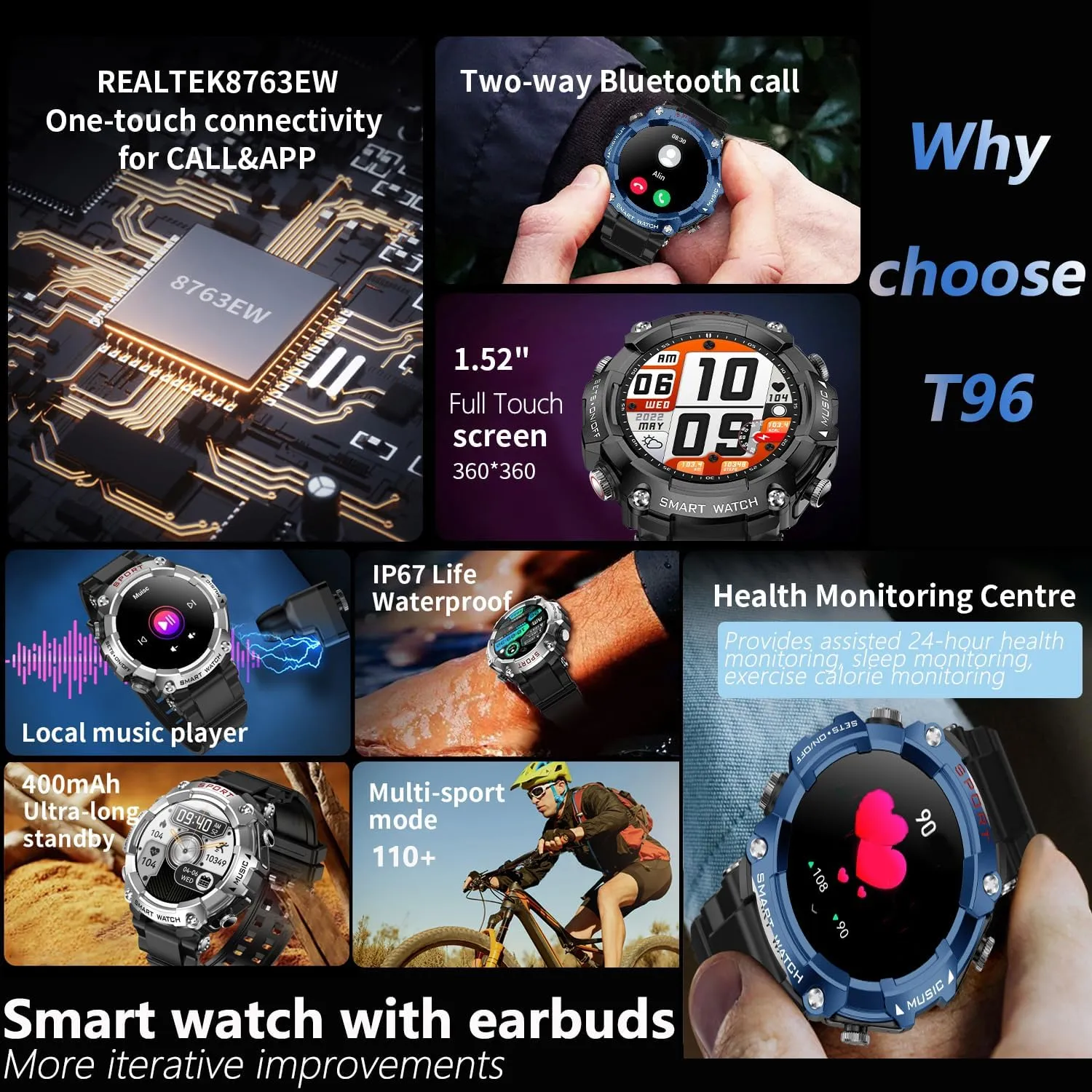 Sleep Monitor, Motion Long Standby, Music Player Smart Watch with Earbuds, for iOS Android Phone,3 in 1 elemental pick Round Fitness Tracker, 1.5 Inch Full Touch Screen, Answer/Make Calls, Recording, 