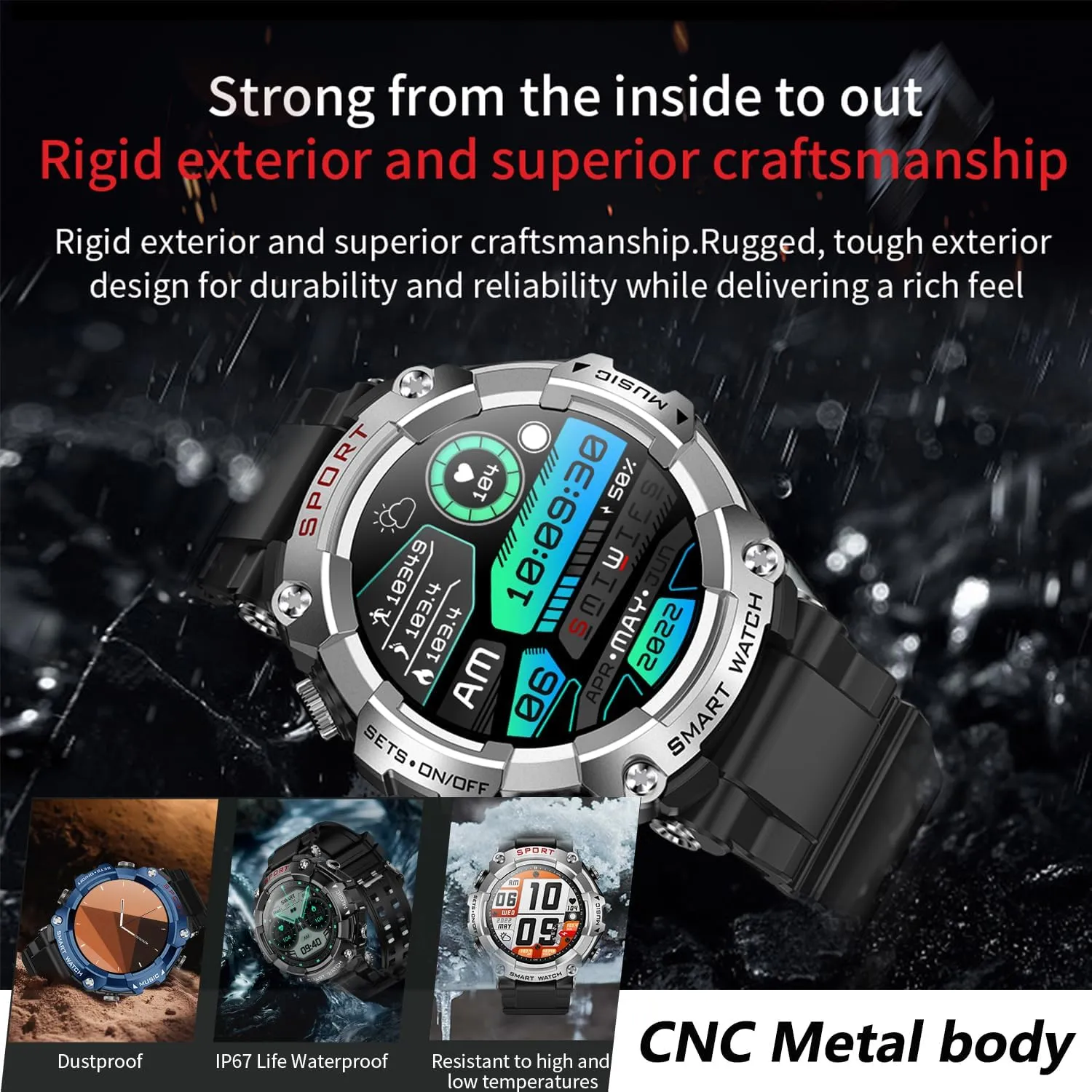 Sleep Monitor, Motion Long Standby, Music Player Smart Watch with Earbuds, for iOS Android Phone,3 in 1 elemental pick Round Fitness Tracker, 1.5 Inch Full Touch Screen, Answer/Make Calls, Recording, 