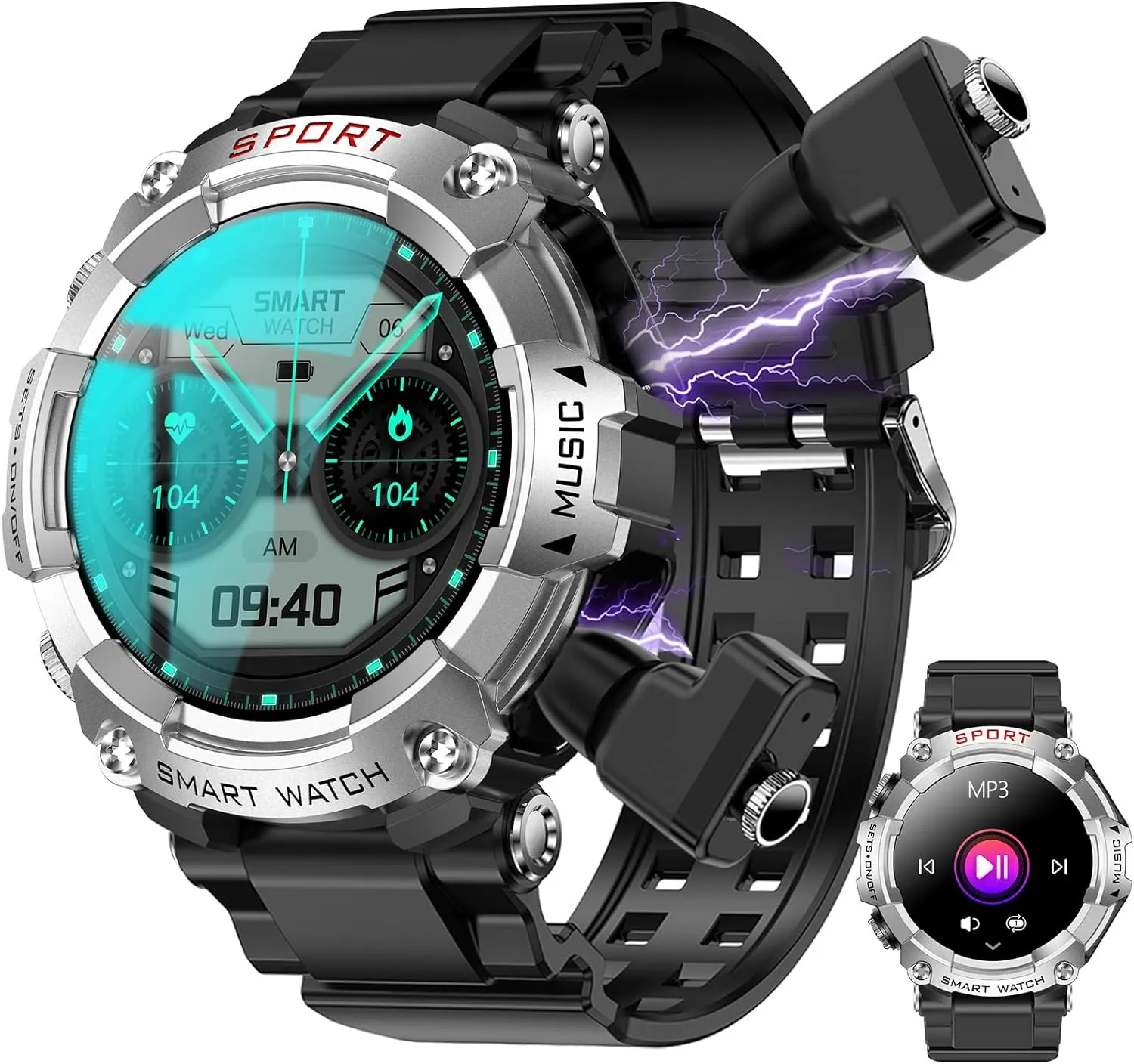 Sleep Monitor, Motion Long Standby, Music Player Smart Watch with Earbuds, for iOS Android Phone,3 in 1 elemental pick Round Fitness Tracker, 1.5 Inch Full Touch Screen, Answer/Make Calls, Recording, 