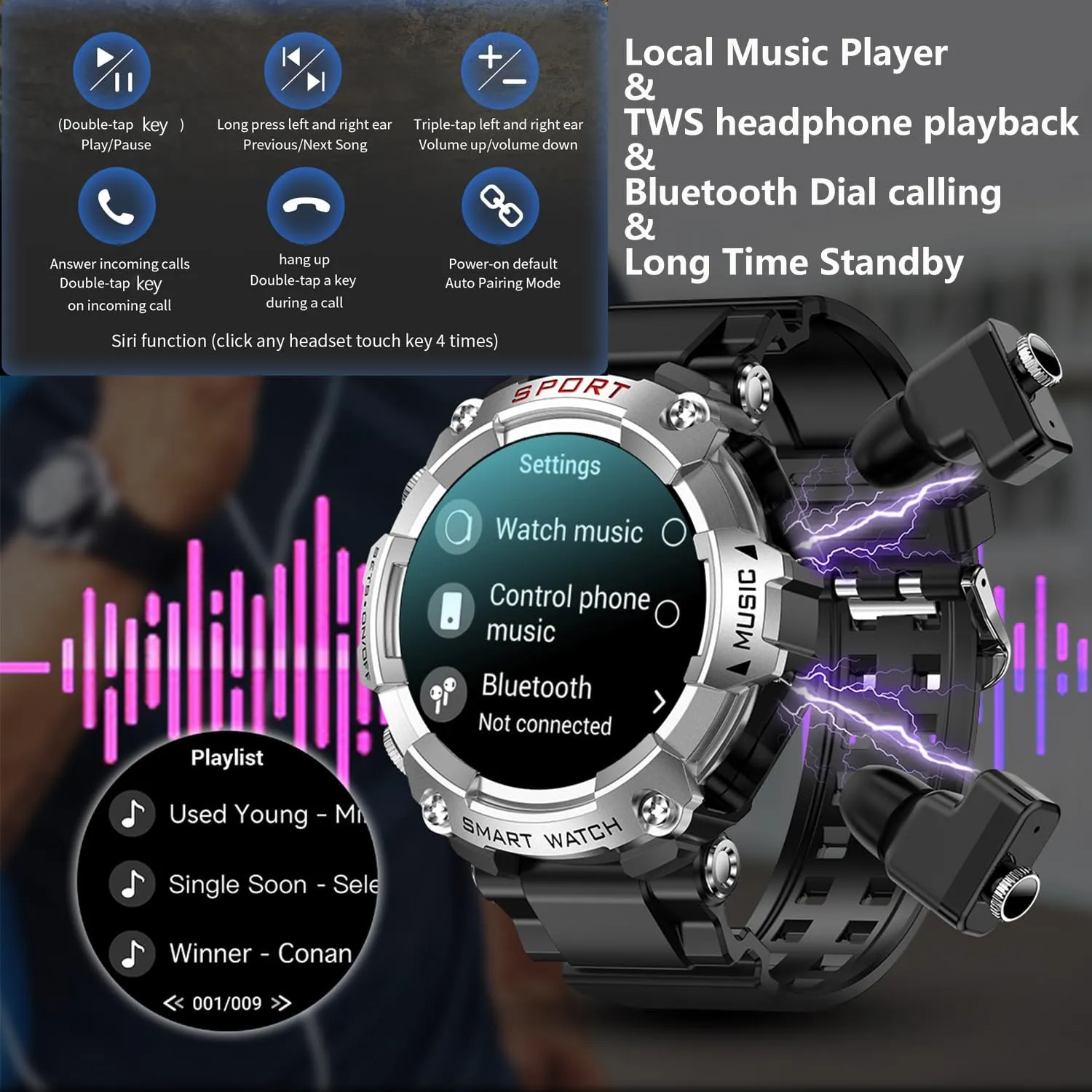 Sleep Monitor, Motion Long Standby, Music Player Smart Watch with Earbuds, for iOS Android Phone,3 in 1 elemental pick Round Fitness Tracker, 1.5 Inch Full Touch Screen, Answer/Make Calls, Recording, 