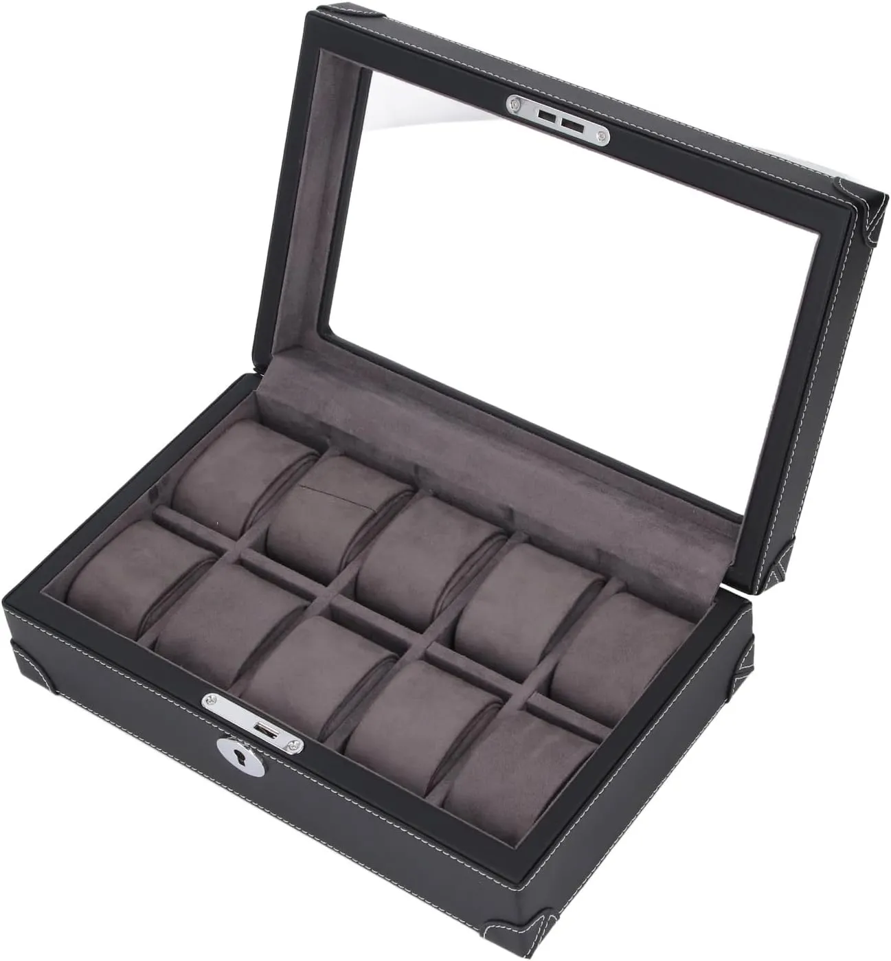 Slots Display Case with Velvet Lining, Transparent Glass Window, Lightweight Design, Super Fiber Leather, Density basaltic assort Board (Black) Atyhao Luxury Leather Watch Holder Organizer, 10 