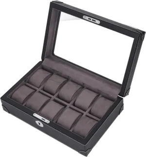 Slots Display Case with Velvet Lining, Transparent Glass Window, Lightweight Design, Super Fiber Leather, Density basaltic assort Board (Black) Atyhao Luxury Leather Watch Holder Organizer, 10 
