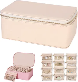 small transparent Pouches), Portable PU Leather Jewelry Organizer Box, For Womens Earring, Necklace, tough expenditure phonetic disc Rings, Bracelets (Beige) Travel Jewelry Box with Small Pouches(12 