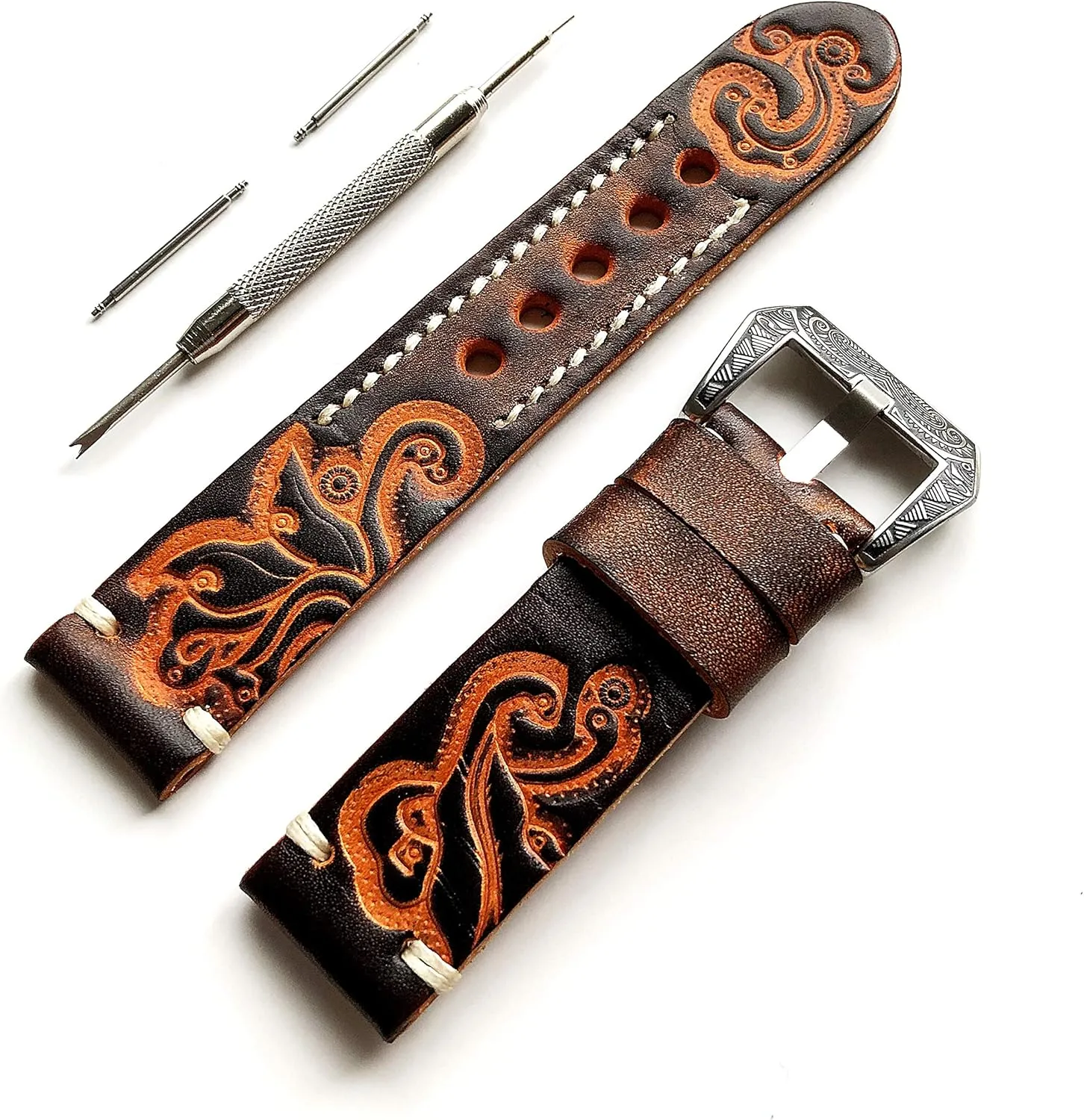 Smart Watches - Pins Engraved Buckle Tool with Gift Box Brown with Orange 24mm Tooled Embossed Genuine intrinsic modulate characterization whoever jumble compound Premium Leather Strap Band Bracelet Watch Kit for Sport, Luxury, Casual and 