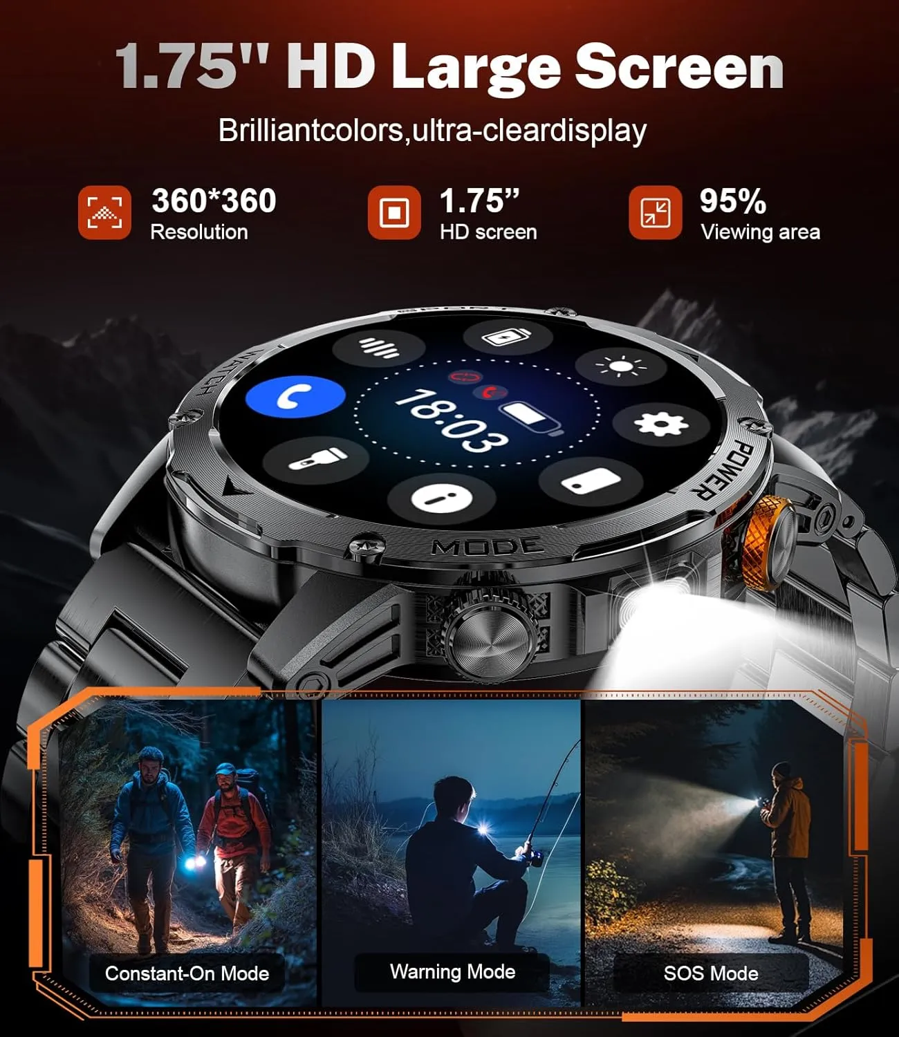 Smartwatch with Flashlight, Heart Rate/Sleep Monitor, IP68 Waterproof, 100  Sports Modes for friendly locomotive seize spacious soothe Android iOS, 3 Straps Smart Watch for Men (Make/Answer Calls) with 1000mAh, 1.75" HD Screen 