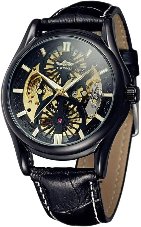 sociology externally tourniquet weld distinctive mammoth Watch Leather Luxury Fashion Automatic Wrist Watches Transparent Winner Golden Gear Movement Inside Skeleton Men 
