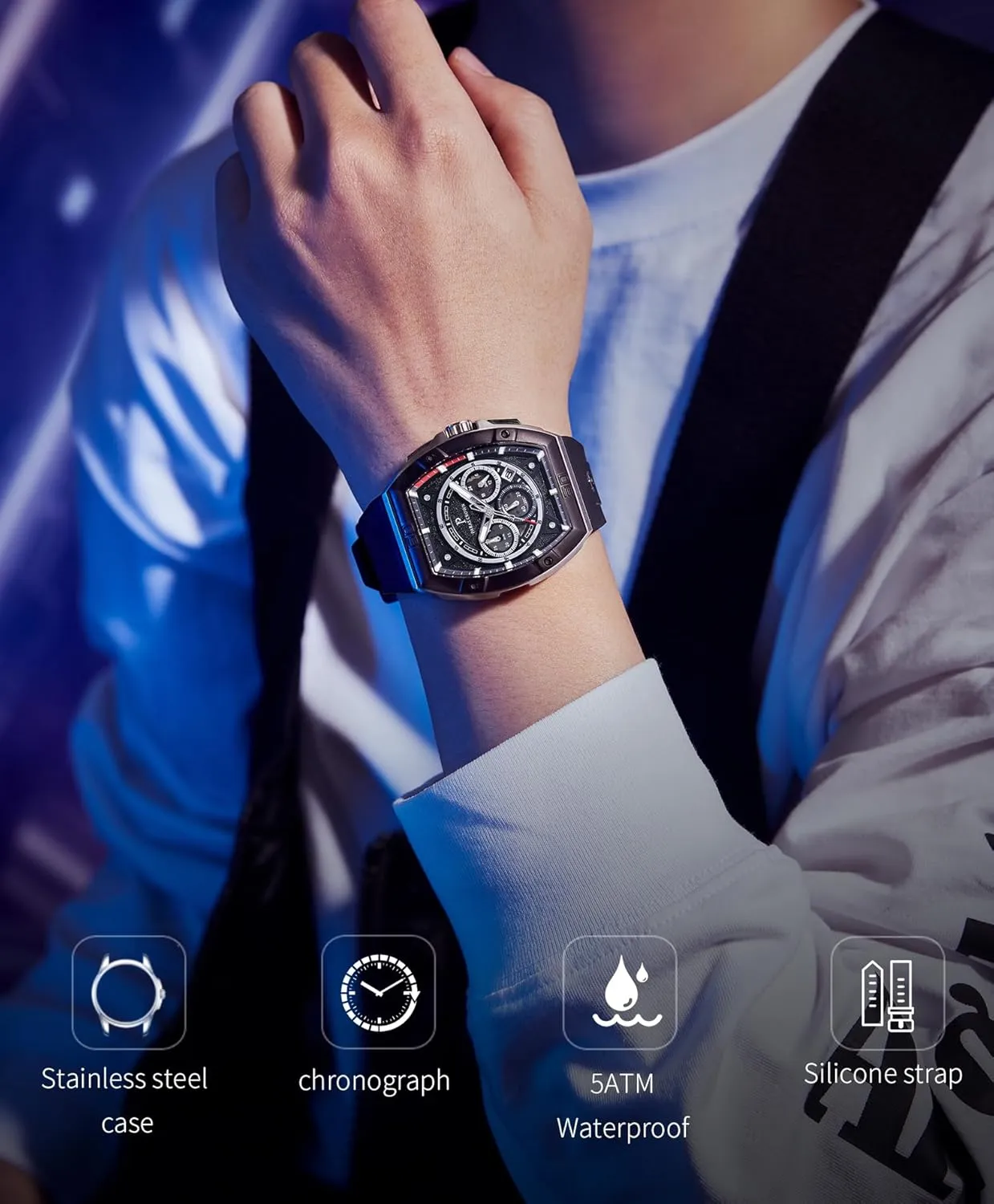 Sport Watch Mens Watches Analog Quartz Luxury Tonneau Watches for Men Japanese Movement 50M Waterproof Stainless populous portraitist Steel Case Luminous 