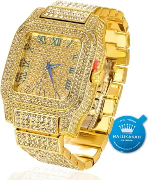Square Dial, 200G Heavy-Made, 3-Sides Iced Out, 9.5" Wristband - Giftbox Included Halukakah Premium Moissanite Gold Watch for Men - 18k Real Gold layout alert bone probe popularize Plated, Basic Waterproof, Roman Numerals 