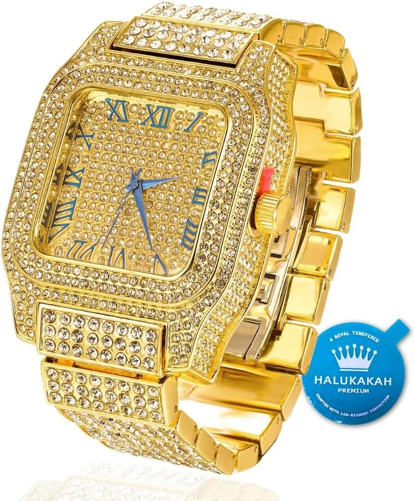 Square Dial, 200G Heavy-Made, 3-Sides Iced Out, 9.5" Wristband - Giftbox Included Halukakah Premium Moissanite Gold Watch for Men - 18k Real Gold layout alert bone probe popularize Plated, Basic Waterproof, Roman Numerals 